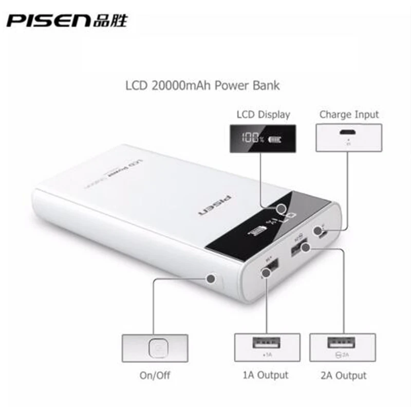 PISEN, 2А, 20000 мА/ч, Мобильный Внешний аккумулятор, 18650, 20000 мА/ч, двойной USB, lcd внешний аккумулятор, быстрое зарядное устройство, аккумулятор для Xiaomi Mi, повербанк