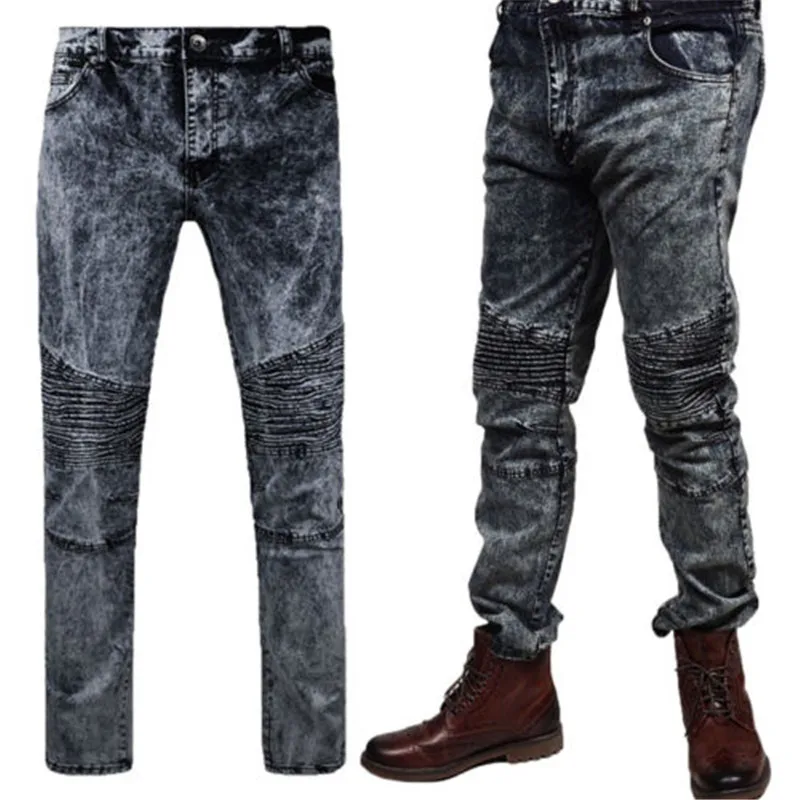 Для мужчин Повседневное джинсовые штаны Элитный бренд Костюмы Slim Fit мото Байкер Дизайн прямой крой Мотобрюки masculina Джинсы для женщин наряды