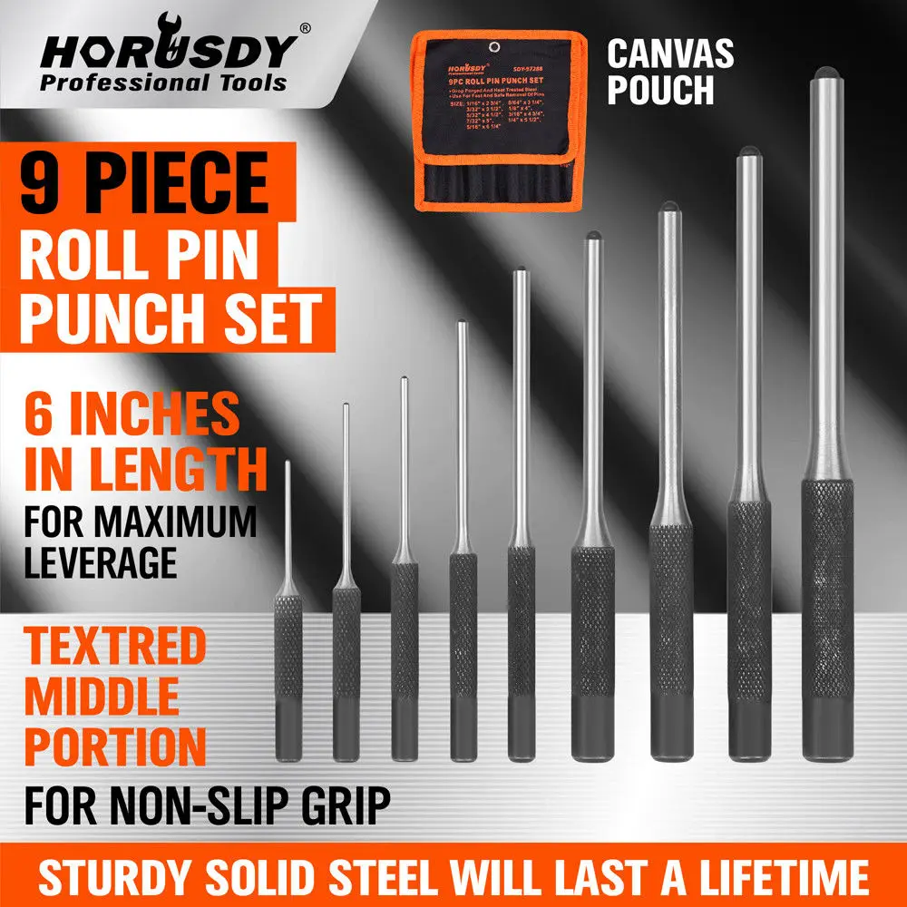 9Pcs Professional Roll Pin Spring Punch Set Gun Bolt Catch Roll Up Case Pin Punch Tool Pins Grip Roll Pin Punch Tool Kit