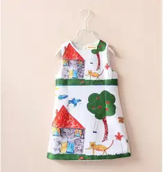 Y30655343, новое осеннее платье для маленьких девочек, платье без рукавов с рисунком домика, дерева, кошки, платье принцессы, одежда для девочек