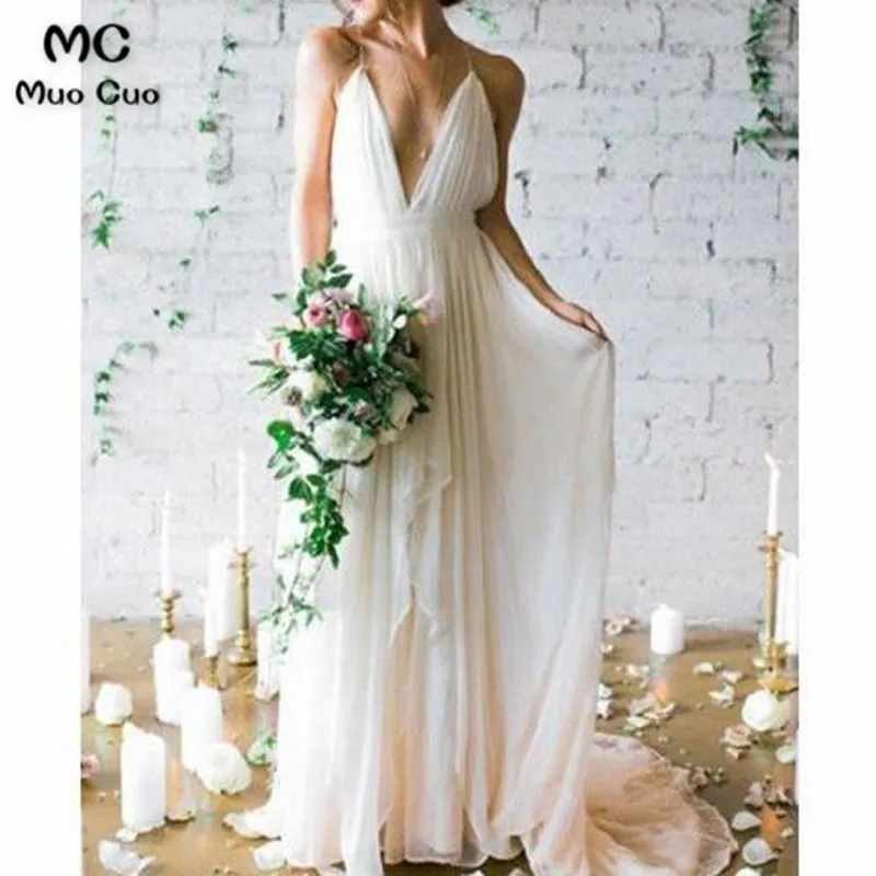 

Elegant 2018 Beach Wedding Dresses Spaghetti Straps Deep V-Neck Chiffon Vestido de noiva Pleat Backless Bridal Gowns