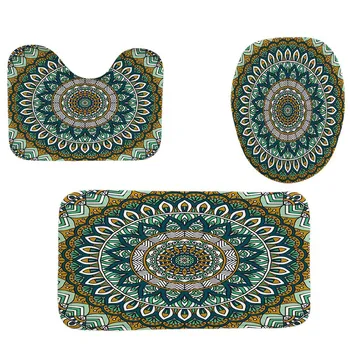 

4Pcs Home Bathroom Decor Set Green Mandala Pattern Toilet Seat Cover Bath Mat Set+ Waterproof Shower Curtaingreen Mandala