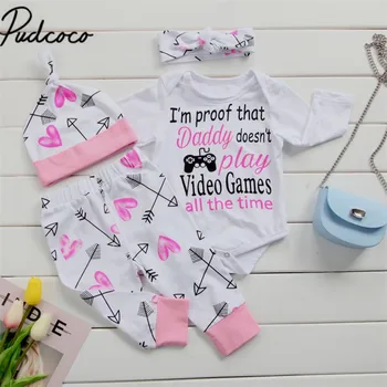 

4PCS Set Christmas Newborn Baby Boy Girl Clothes Long Sleeve Cotton Romper Tops Long Pant Headband Hat Outfits Kids Clothing Set