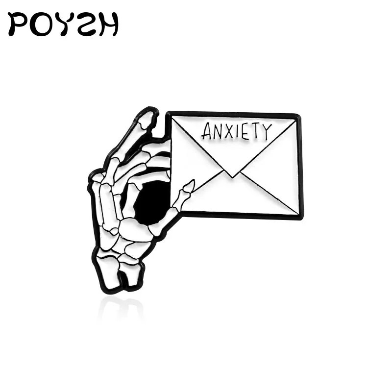

Cartoon Jewelry White Brooch Hand Bone Envelope "ANXIETY" Death Anxiety Brooch Coat Jacket Jacket Denim Lapel Badge jewelry