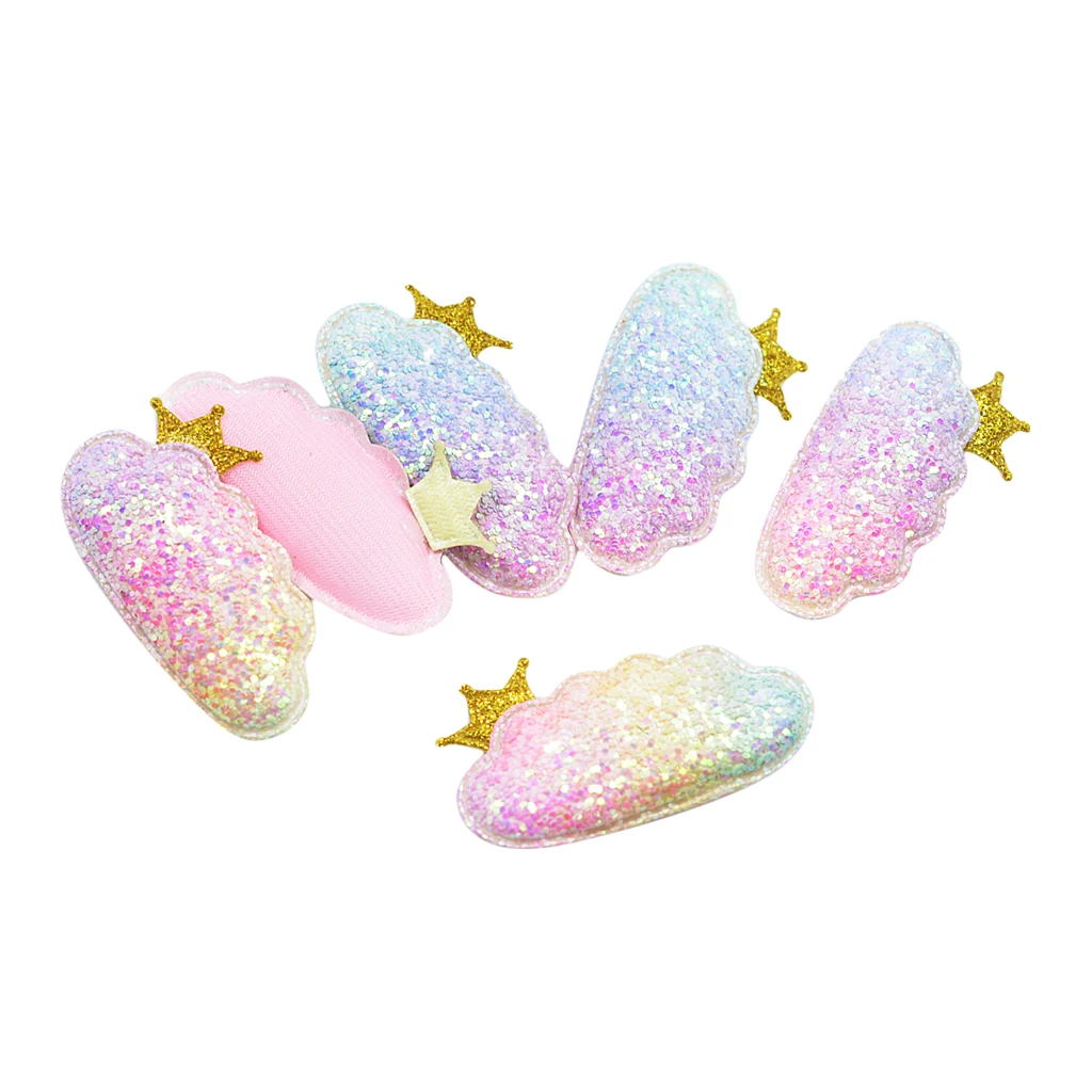 6pcs Rainbow Kawaii Padded Glitter Cloud Crown Patches Applique For Clothes Sewing DIY Baby Girl Hair Accessories Craft Decor