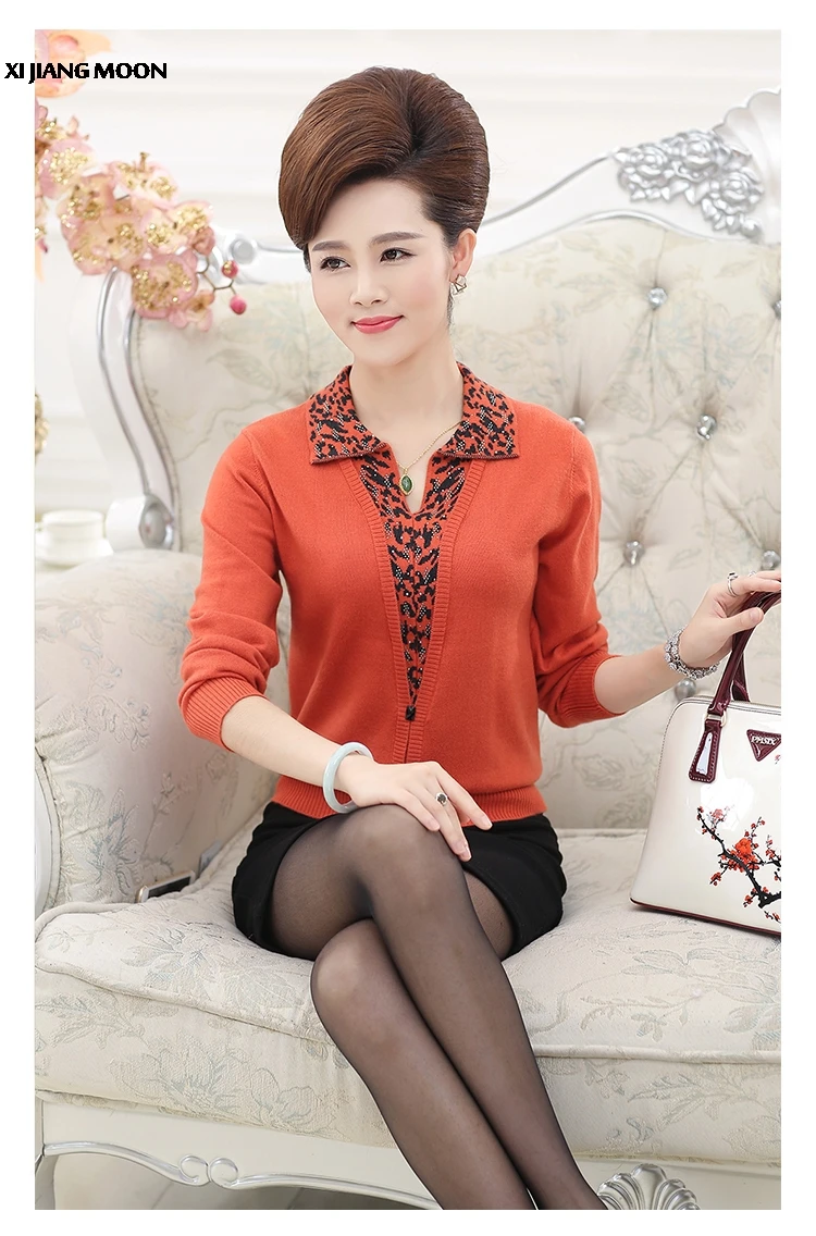 

2019 Autumn Winter New Middle-Aged Women Fake Two-Piece Suit Knitted Sweater High Quality Plus Size Women Sweater R563