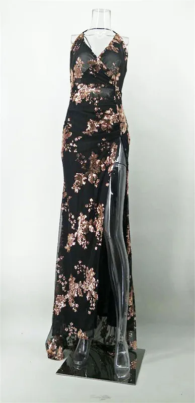 HAMBELELA Women Maxi Dresses Sequin Split Long Dress Backless Evening Party Bandage Dress Side Slit V Neck Dress Vestidos Robe (4)