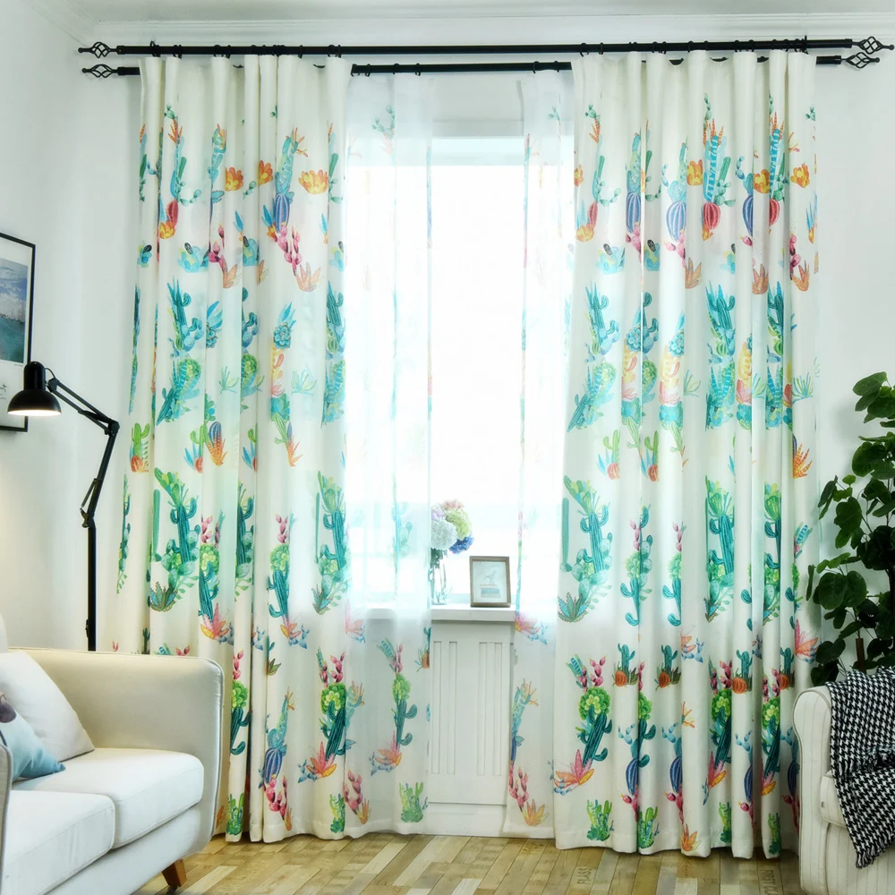 

Living Room Semi Blackout Cactus Curtain Plants Printed Bedroom Curtains Modern European Decor Kitchen Windows Panels wp212&30