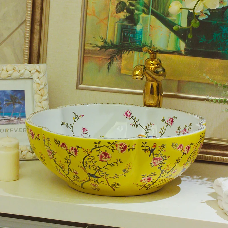Yellow and white Jingdezhen ceramic sink wash basin Ceramic Counter Top Wash Basin Bathroom Sinks wash basins flower and bird (6)