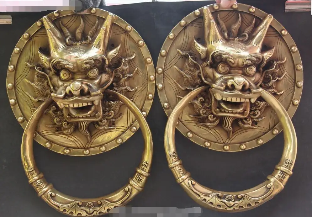 

free 12" Chinese Folk Bronze Dragon Head Bat Wealth Knocker Door Knockers Pair Statue fast