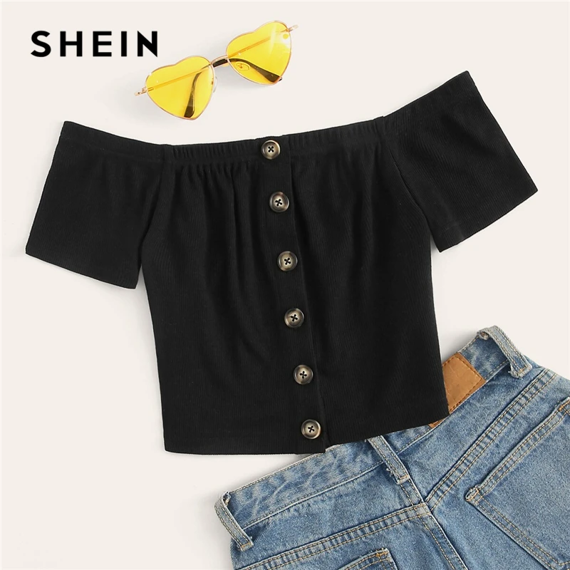 

SHEIN Off Shoulder Button Front Rib-Knit Crop Top Women Clothes Summer Slim Fit Tee 2019 Boho Short Sleeve Solid Tshirt