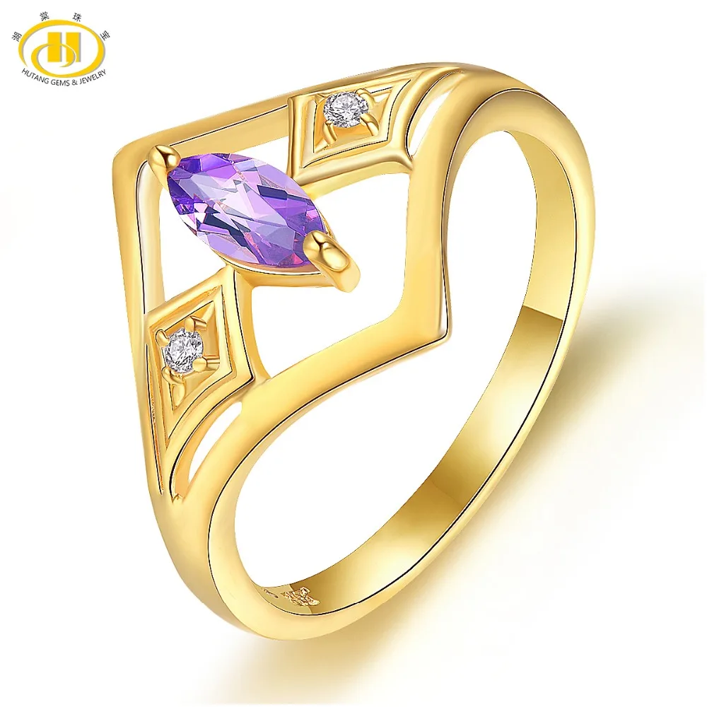 

Hutang Yellow Gold Natural Amethyst Wedding Ring S925 Sterling Silver Gemstones Ring for Women Fine Fashion Jewelry2018 New