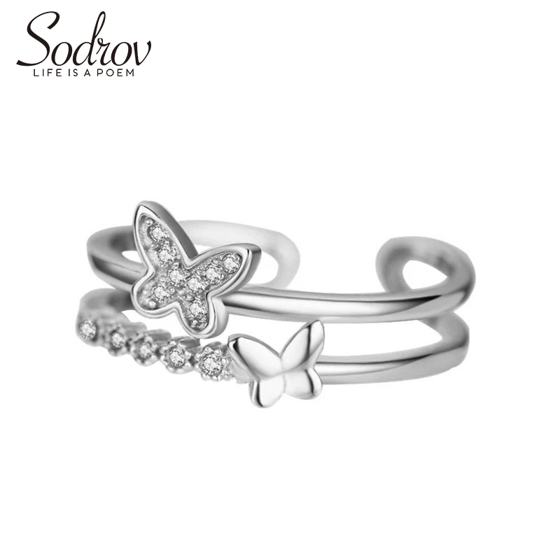 

SODROV Genuine 925 Sterling Silver Open Double Butterfly Ring Engagement Jewelry For Women