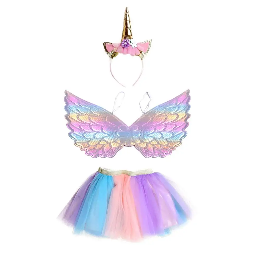 2019 Halloween Girls Colorful Mesh Ball Gown Tutu Skirts + Wing Headband Children's Fancy Cosplay Costumes 3Pcs Sets | Детская