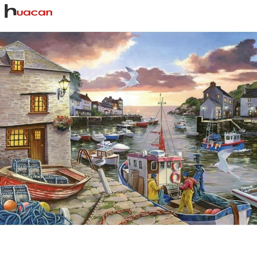 

HUACAN Diamond Embroidery 5D DIY Diamond Painting Fishing Boat Full Square Drill Landscape Picture Of Rhinestone Home Decor