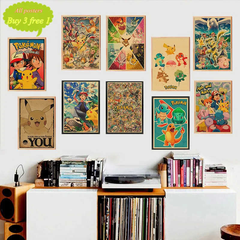 

Pokemon Pocket Monsters Cartoon Vintage Retro Kraft Patinata Poster Decorativo di DIY Wall Sticker Art Home Decor