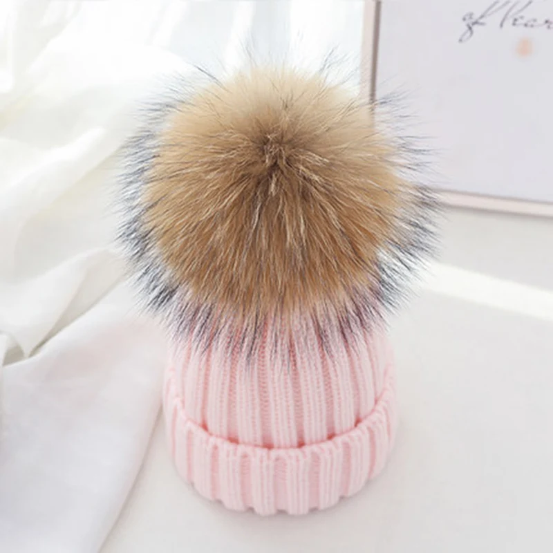 Real Fur Hat Knitted Real fox hair bulb Pom Pom Hat Women Winter Hat Unisex Kids Warm with wool Chunky Thick Stretchy Knit hat - Цвет: mink Pink