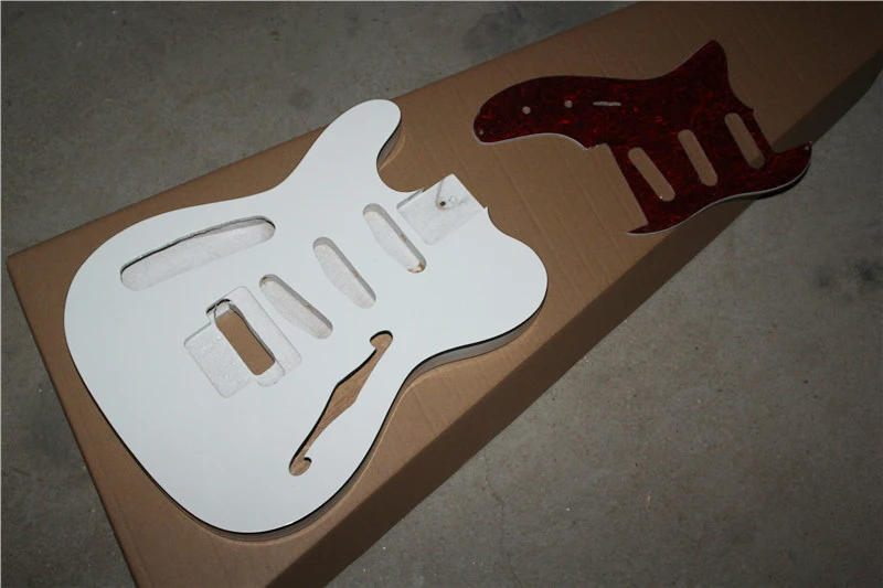 

Factory Custom Left-hand White Semi-hollow Electric Guitar Body with Red Pearl Pickguard,Can Change Color/Material/Style