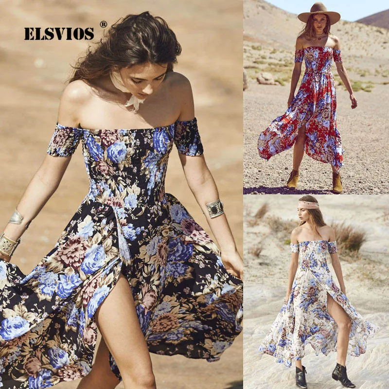 ELSVIOS 2019 с открытыми плечами и принтом открытая спина Макси летнее платье женское