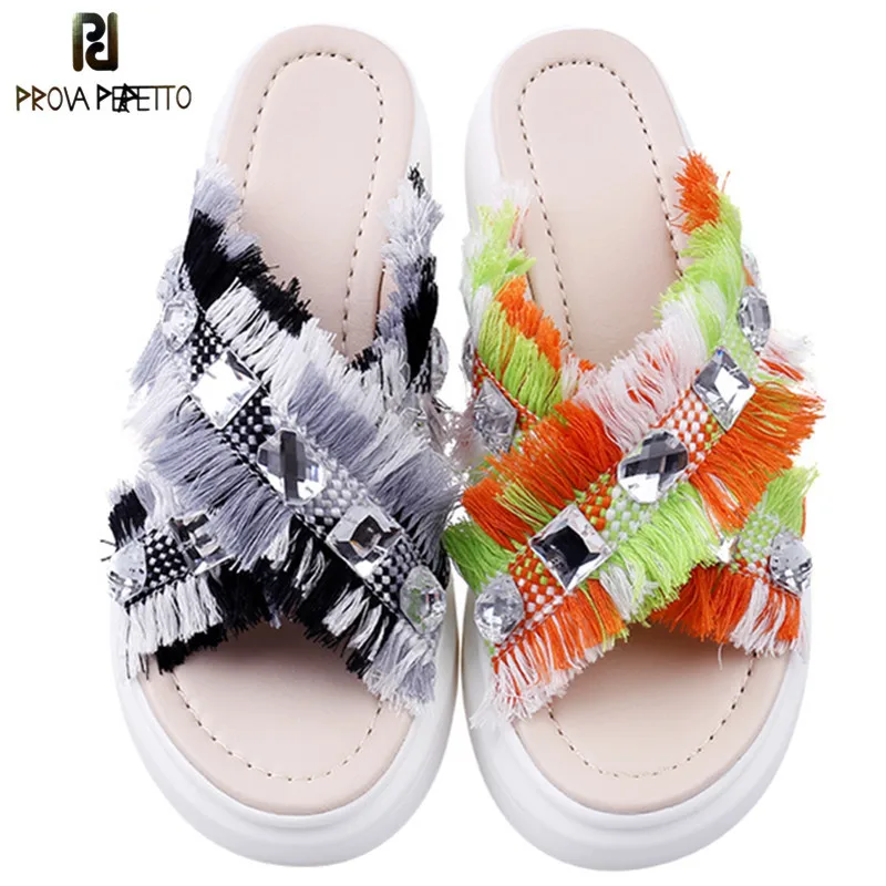 

Prova Perfetto New Sweet Spell Color Rhinestone Slippers Woman Platform Wedges Slippers Ladies Real Leather Bohemian Beach Shoes