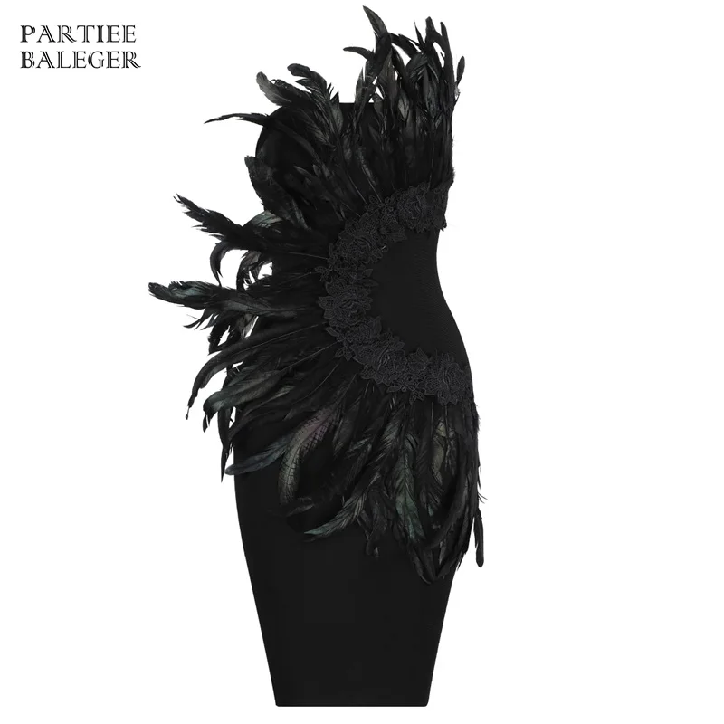 

2019 Hot New Chic Feather Embellished Sexy Off The Shoulder Celebrity Party Mini Bandage Dress