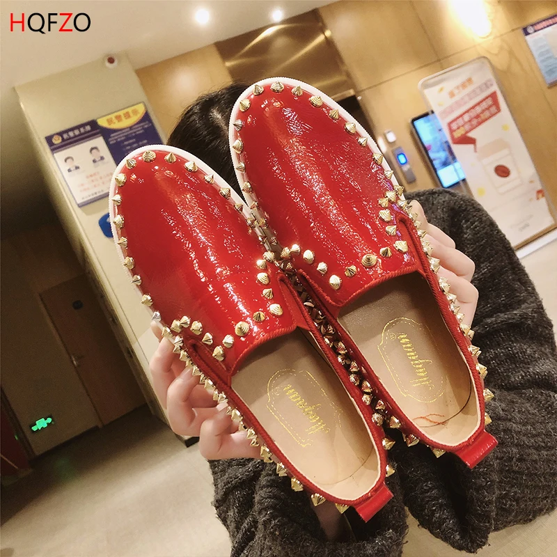 

HQFZO 2019 new spring women shoes flats patent leather rivet slip on loafers platform casual soft sneakers zapatos white/red