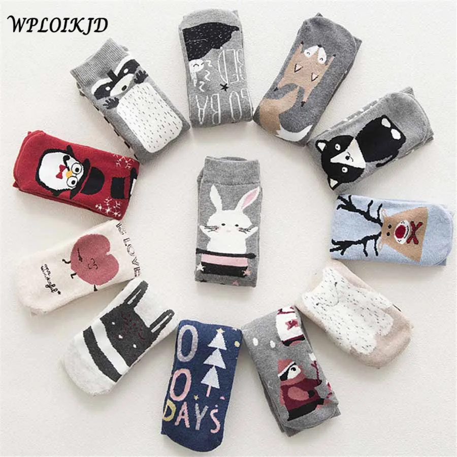 [WPLOIKJD]Autumn Winter Warm Terry-Loop Cute Socks Cartoon Animals Patterns Casual Funny Socks Sokken Christmas Calcetines Gift