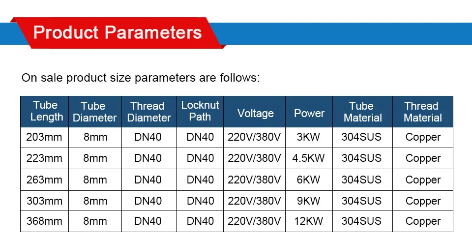 LJXH DN40 Immersion Water Heater Heating Tube 1.5" Thread 220V/380V Power 3KW/4.5KW/6KW/9KW/12KW 304SS with Locknut for Tank