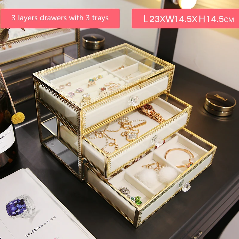 

European style glass cosmetic drawer box with ring tray 3 layers cosmetic drawers metal glass drawer organizer storage box