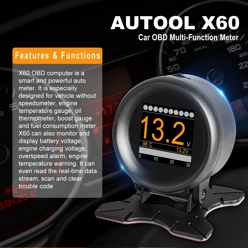 Autool X60 БД метр OBD 2 HUD цифровой Температура Манометр Цифровой Напряжение Скорость метр Дисплей метр сигнализации воды