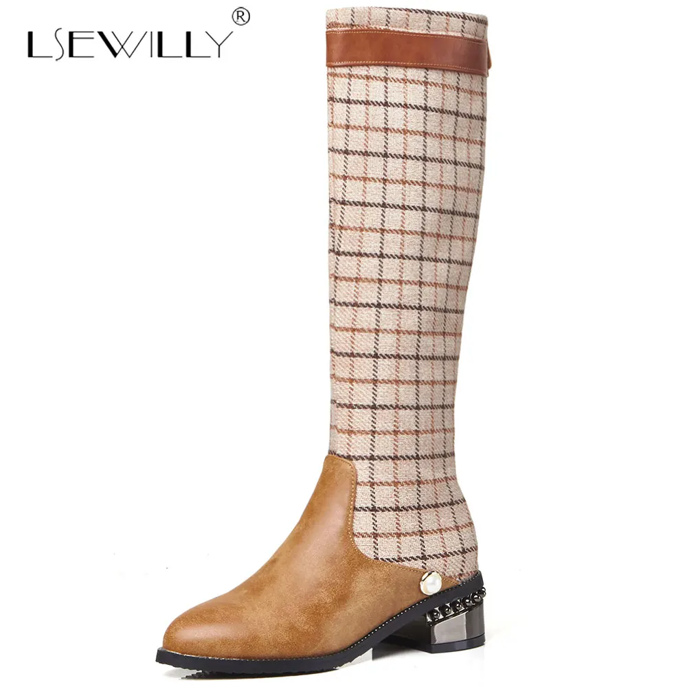 

Lsewilly 2018 Winter Gothic Plaid Brown Black Boots Mid Calf High Pointed Toe Medium Block Heel Shoes Long Knight Womens Boots
