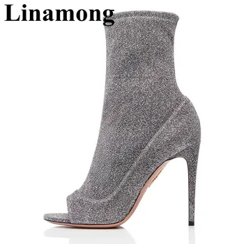 

Hottest Fashion Grey Thin High Heel And Peep Toe Spring And Autumn Shoes Sexy Women High Heel Ankle Boots Bling Bling Boots