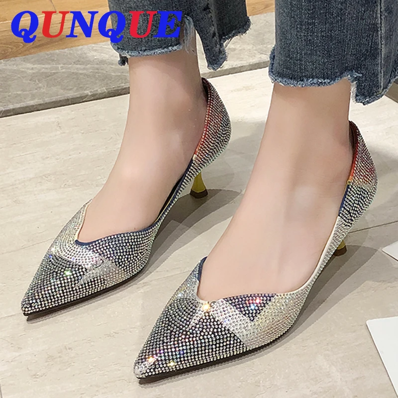 

Rhinestone High Heels Women Pointed Toe Heels Crystal bling Silver Shoes high heels pumps 6cm Party Wedding shoes a105
