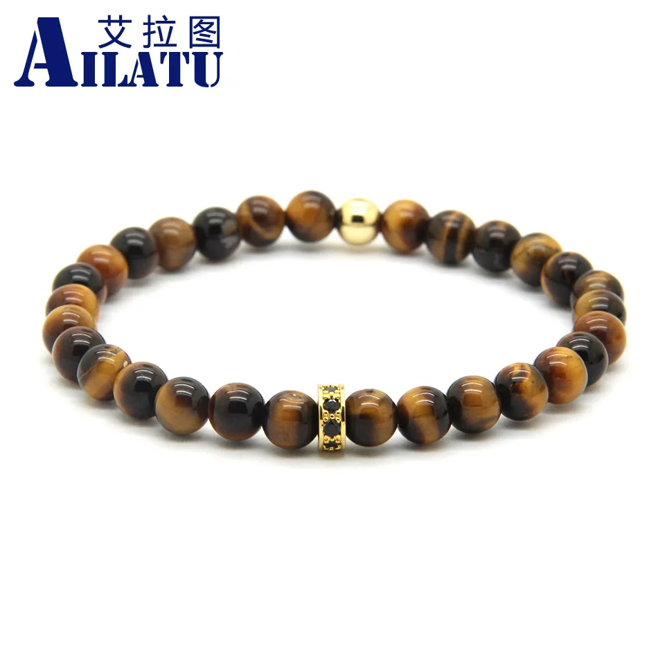 Ailatu 6mm AAA Grade Natural Tiger Eye Stone with Micro Paved Black Zircons Spacer Cz Wheel Bracelet | Украшения и аксессуары