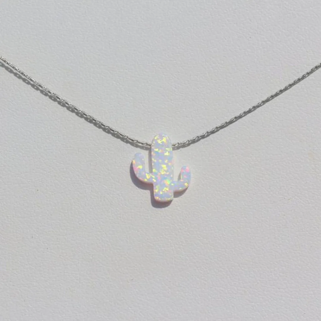 Natural Opal Stone Cactus Necklaces & Pendants Women Natural Plant Jewelry Silver Gold Chain Choker Necklace Birthday Gifts
