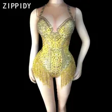 Gold Tassel Sexy Full Rhinestones Nude Bodysuit Women's One Piece Stretch Outfit Nightclub Dance Wear Female Singer Show Outfit Gold Tassel Sexy Full Rhinestones Nude Bodysuit Women's One Piece Stretch Outfit Nightclub Dance Wear Female Singer Show Outfit