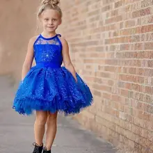 Красивая Королевский Синий Кружева Цветок Девочки Платья Холтер Beadings Короткое Свадебное Flowergirl Платья Принцесса Бальное платье