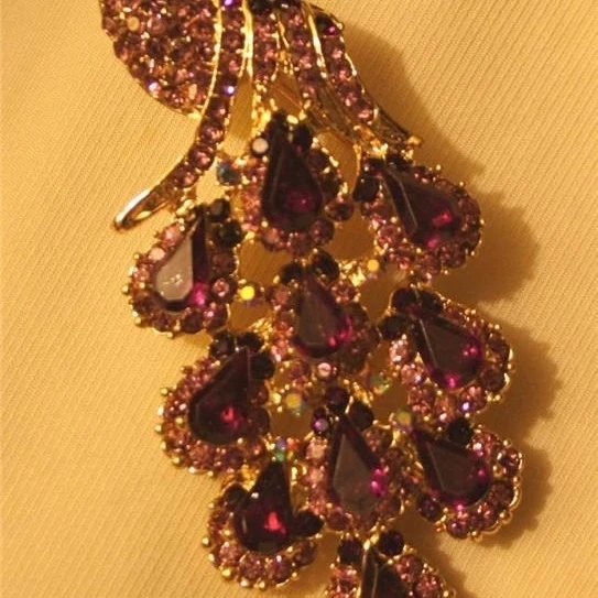Deep Violet Rhinestone Sculpted Sitting Peacock Necklace Brooch Pin