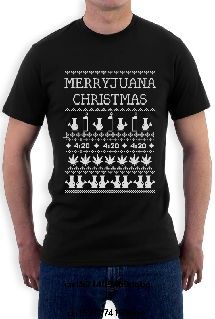 

Fashion 100% Cotton T Shirt Merryjuana Xmas T Shirt Ugly Christmas Sweater Weed Stoner Smoke Bong Pot Tee