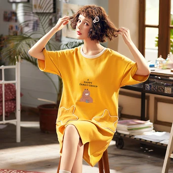 

Yidanna Women Cotton Short Sleeved Nightgown Summer Cute Cartoon Sleepshirt Plus Size O Neck Nighty Female Sleep Casual Clothing