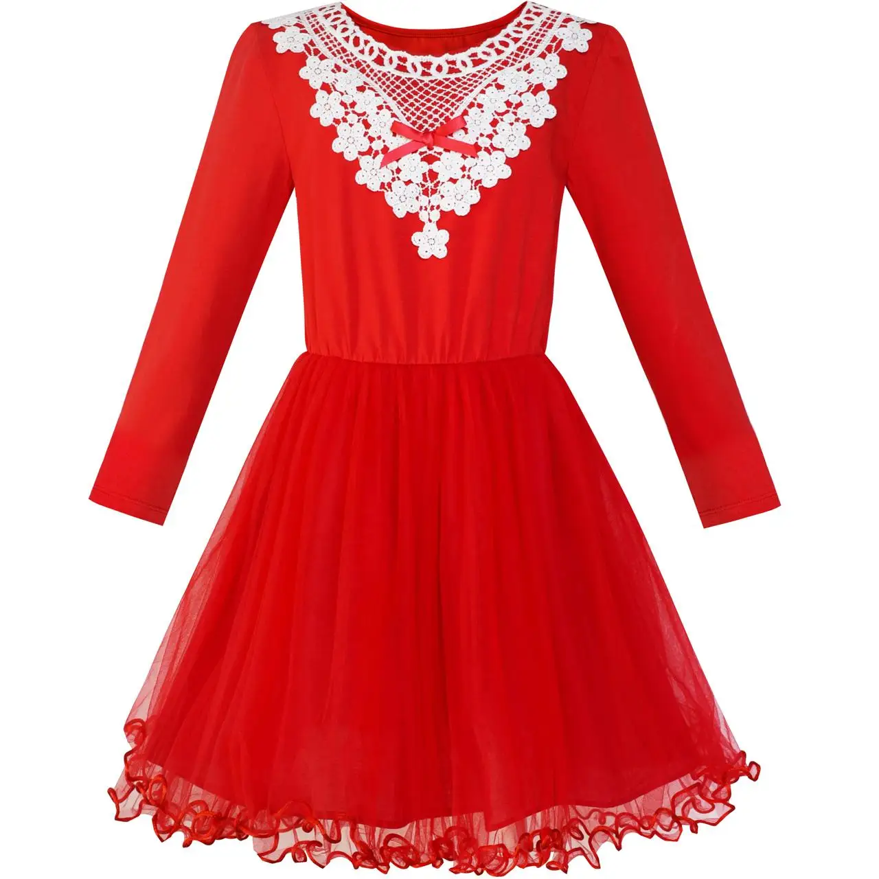 

Girls Dress Red Long Sleeve White Lace Collar Tutu Dress Cotton 2018 Summer Princess Wedding Party Size 5-10