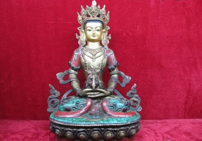 

fast shipping USPS to USA S2853 Tibet Bronze Gild inlay turquoise Red coral ruby beryl Amitayus Sakyamuni Buddha