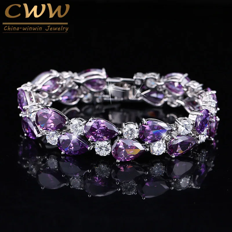 

CWWZircons Designer Purple Crystal Large Mona Lisa Bijoux Bracelets Bangles Clear Zircon Bracelet Femme Fashion Jewelry CB126