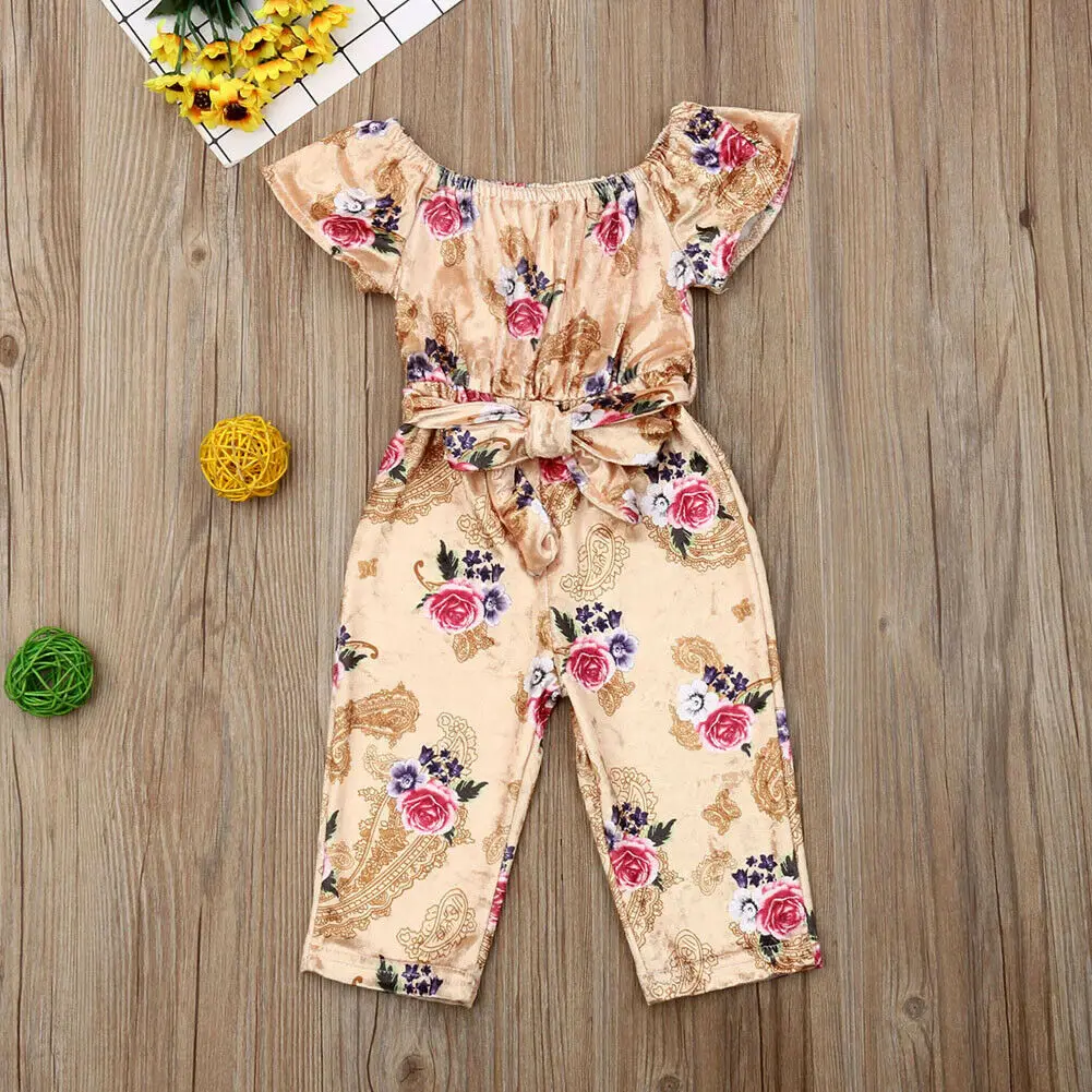 

Toddler Baby Girl Kids Fashion Off Shoulder Floral Jumpsuit Belt Clothes Outfits