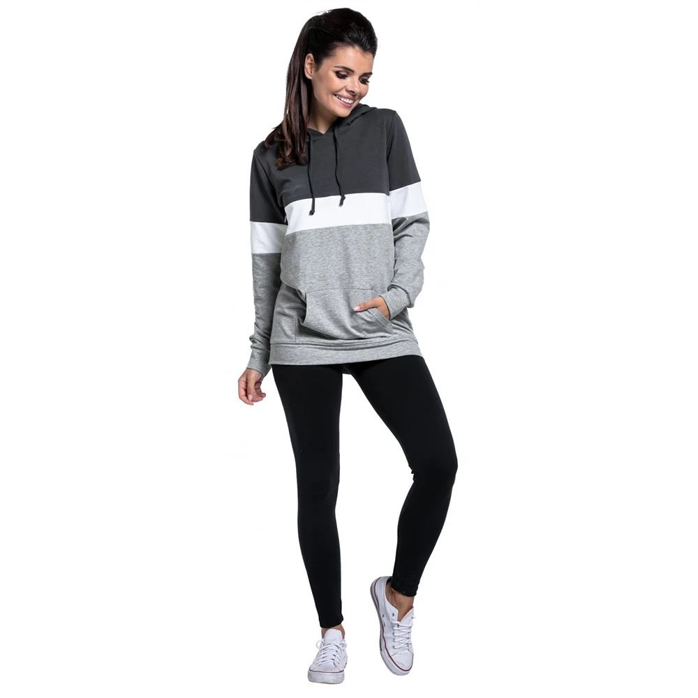 

In Stock Plus Size Pregnancy Long Sleeves Maternity Clothes Hooded Breastfeeding Hoodies Patchwork T-shirt for Pregnant Women