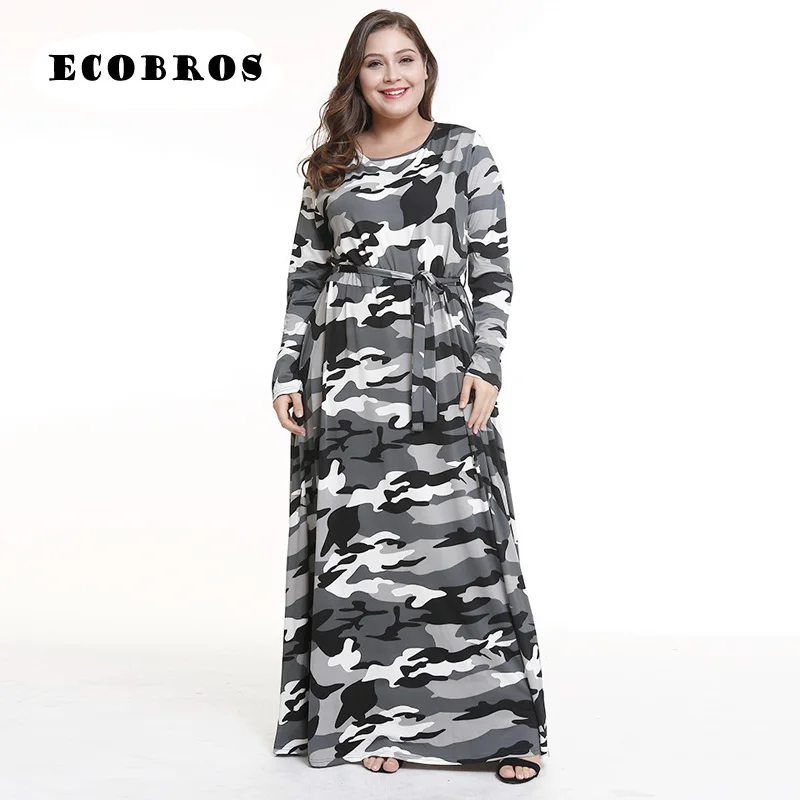 

L-4XL ECOBROS 2019 Woman Summer fashion long sleeve Dress Loose Camouflage long plus size women clothing dress vestidos