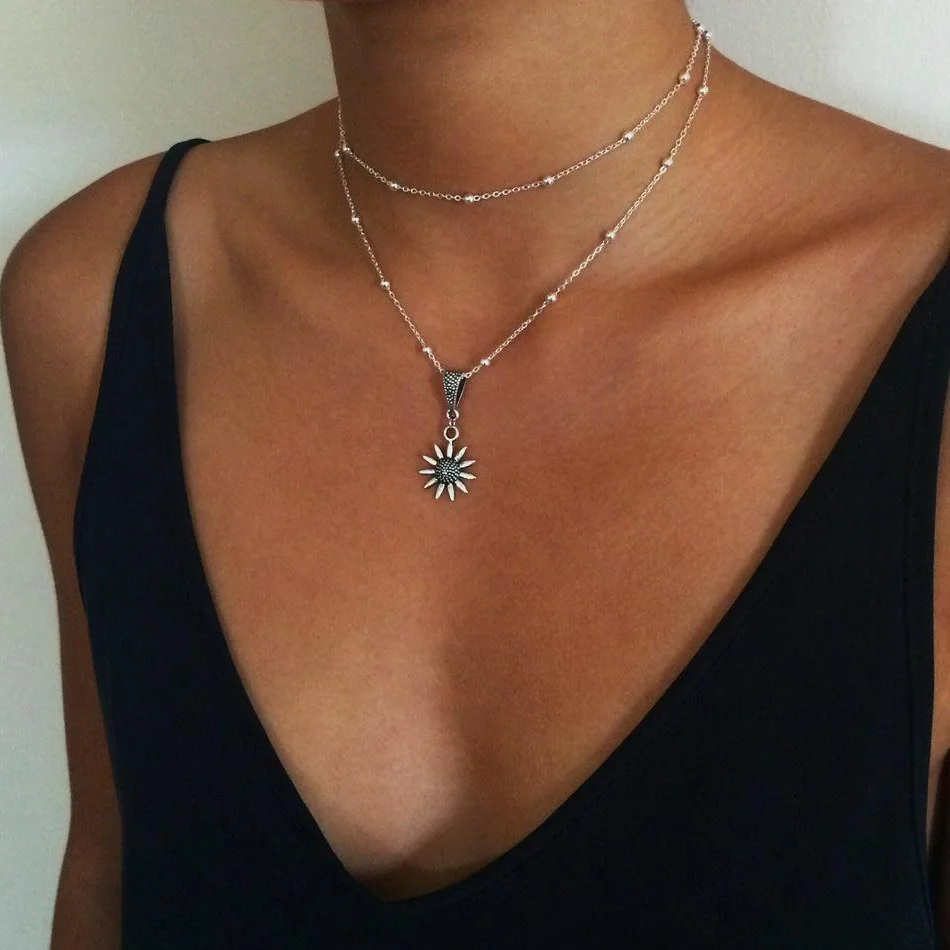 

Simple Design Vintage Silver Color Sun Necklaces & Pendants For Women Multilayer Sunflower Chokers Fashion Jewelry A656