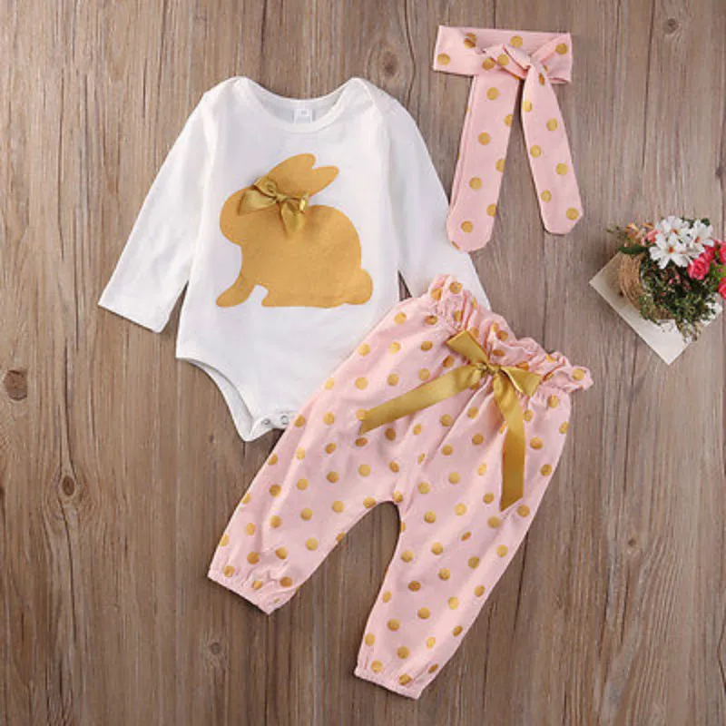 

Summer 3Pcs Cute Newborn Infant Baby Girl Clothes Set Long Sleeve Cartoon Rabbit Romper and Bow Long Pants Baby Outfits Set