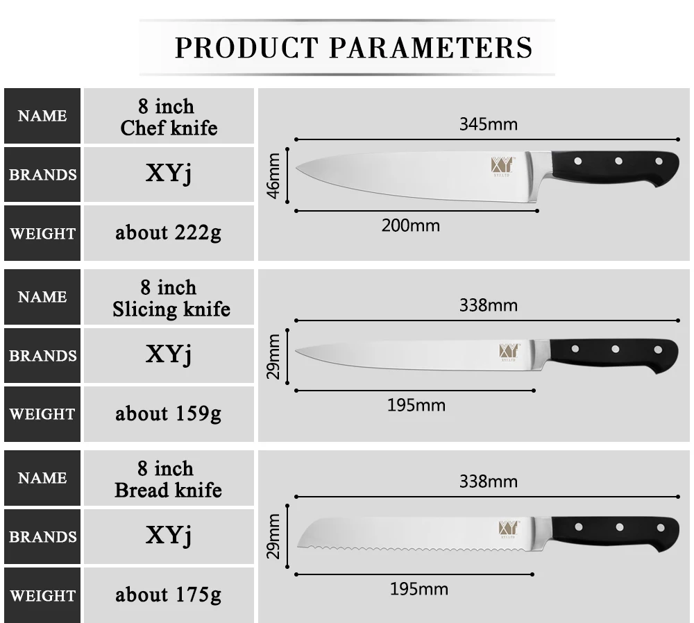 XYj кухонные ножи из нержавеющей стали, нож для очистки овощей Santoku, нож для нарезки хлеба, ножи из нержавеющей стали с ручкой ABS, кухонные инструменты