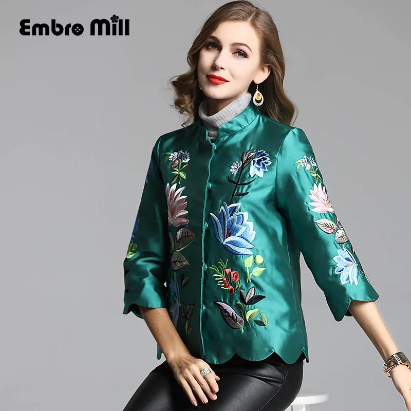 Haute Vintage Brodé Royal Automne Veste Manches Casual 3 Femmes Floral Femme fin rouge Tops xxl Baseball Lady 4 Vert S Manteau Court nBxItq8w5